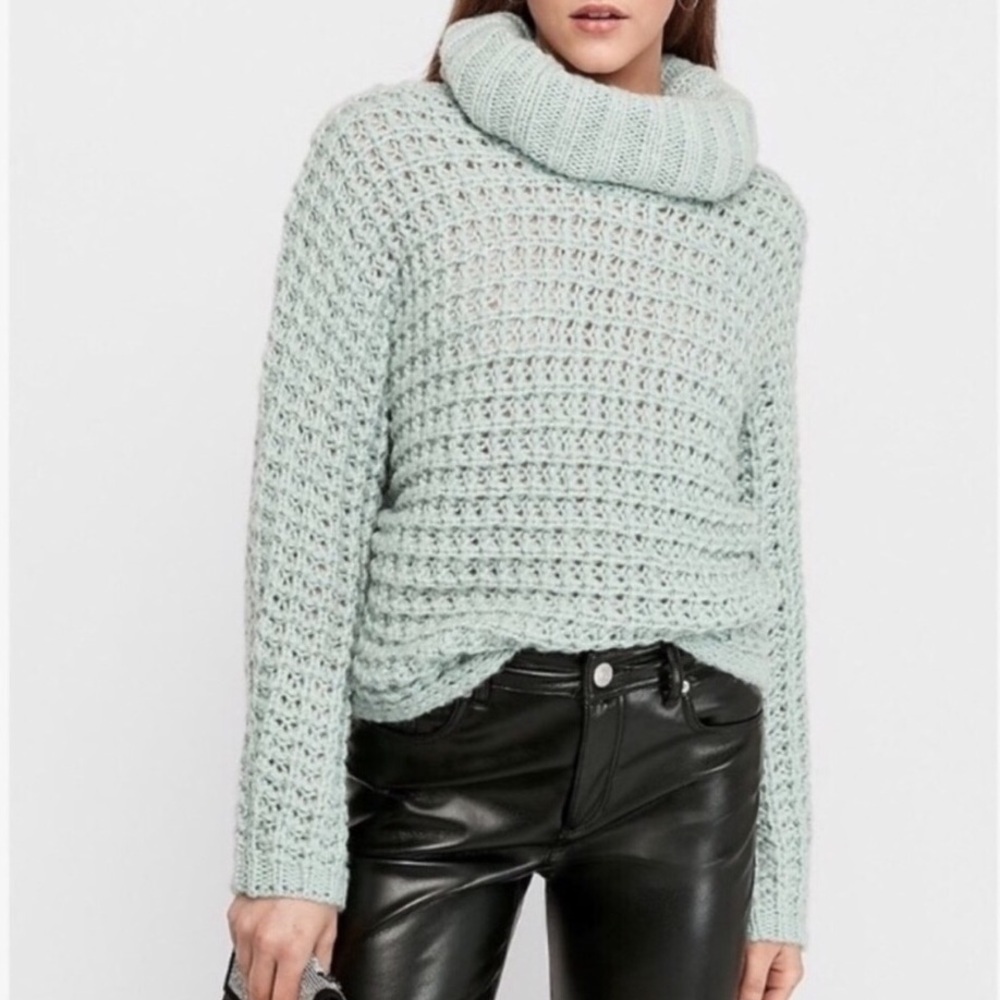 Express Women S Light Blue Open Stitch Chunky Knit Oversized Cowl Neck Sweater